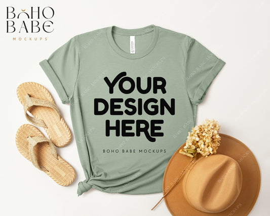 Bella Canvas 3001 HEATHER SAGE T-shirt Mockup | Boho Design | Flatlay Vol.3
