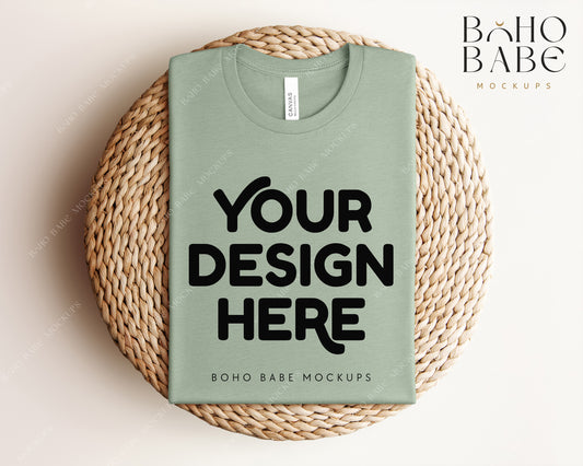Bella Canvas 3001 HEATHER SAGE T-shirt Mockup | Boho Babe Folded Mockup Design Vol.1