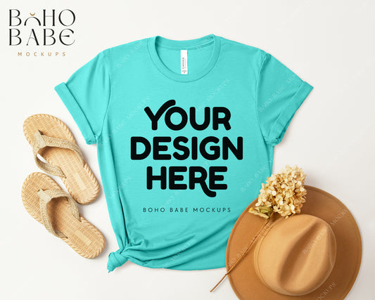 Bella Canvas 3001 HEATHER SEA GREEN T-shirt Mockup | Boho Design | Flatlay Vol.3