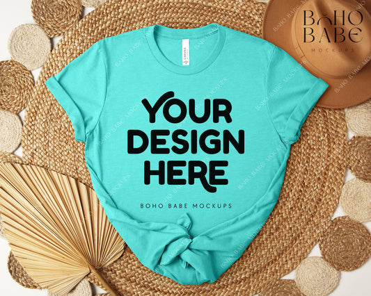 Bella Canvas 3001 HEATHER SEA GREEN T-shirt Mockup | Boho Design | Flatlay Vol.5