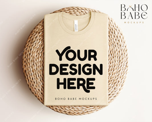 Bella Canvas 3001 HEATHER SOFT CREAM T-shirt Mockup | Boho Babe Folded Mockup Design Vol.1