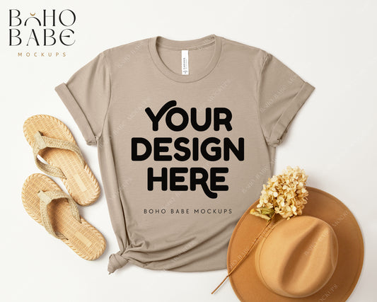 Bella Canvas 3001 HEATHER TAN T-shirt Mockup | Boho Design | Flatlay Vol.3