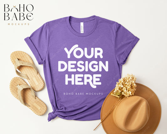 Bella Canvas 3001 HEATHER TEAM PURPLE T-shirt Mockup | Boho Design | Flatlay Vol.3