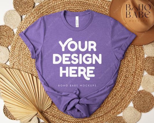 Bella Canvas 3001 HEATHER TEAM PURPLE T-shirt Mockup | Boho Design | Flatlay Vol.5