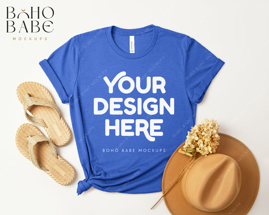 Bella Canvas 3001 HEATHER TRUE ROYAL T-shirt Mockup | Boho Design | Flatlay Vol.3
