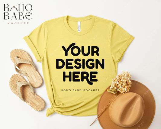 Bella Canvas 3001 HEATHER YELLOW T-shirt Mockup | Boho Design | Flatlay Vol.3