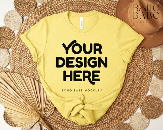 Bella Canvas 3001 HEATHER YELLOW T-shirt Mockup | Boho Design | Flatlay Vol.5