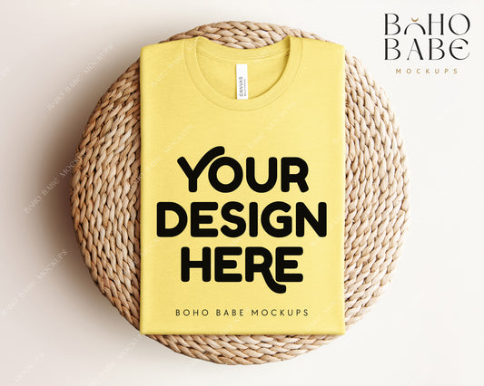 Bella Canvas 3001 HEATHER YELLOW T-shirt Mockup | Boho Babe Folded Mockup Design Vol.1