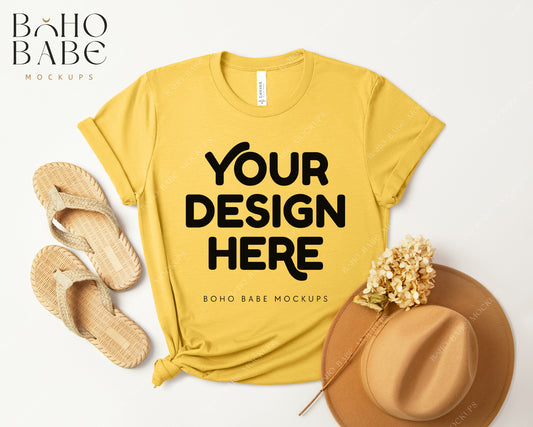 Bella Canvas 3001 HEATHER YELLOW GOLD T-shirt Mockup | Boho Design | Flatlay Vol.3