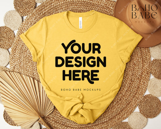 Bella Canvas 3001 HEATHER YELLOW GOLD T-shirt Mockup | Boho Design | Flatlay Vol.5