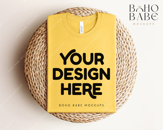 Bella Canvas 3001 HEATHER YELLOW GOLD T-shirt Mockup | Boho Babe Folded Mockup Design Vol.1