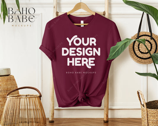 Bella Canvas 3001 MAROON T-shirt Mockup | Boho Babe Hanging Mockup Design Vol.1