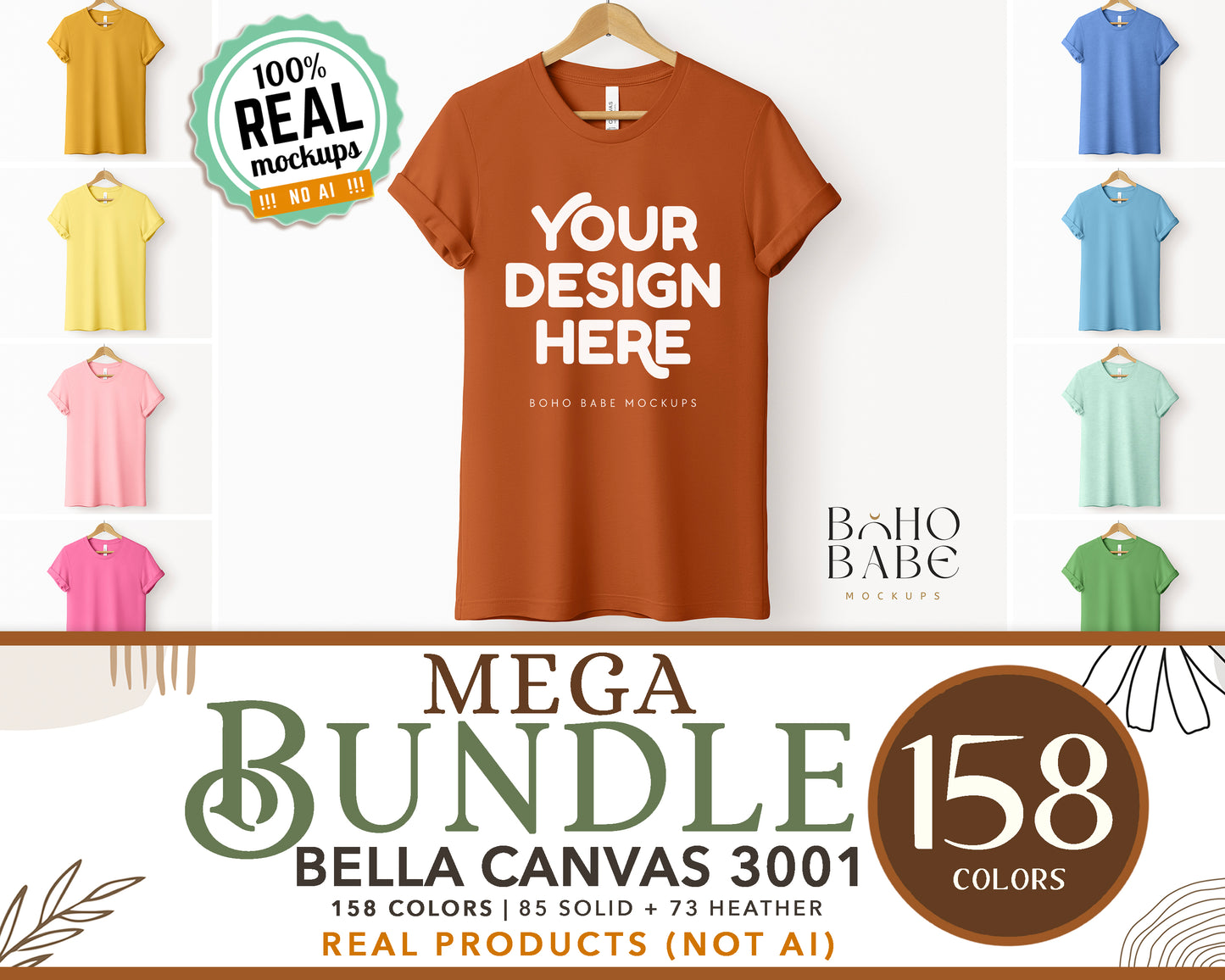 Bella Canvas 3001 T-Shirt Mockup Bundle | Boho Hanging Mockups - Vol.4