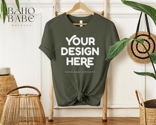 Bella Canvas 3001 MILITARY GREEN T-shirt Mockup | Boho Babe Hanging Mockup Design Vol.1