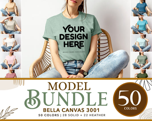 Bella Canvas 3001 Female Model Mockup Bundle | Boho Babe T-shirt Mockup Design - Vol.2