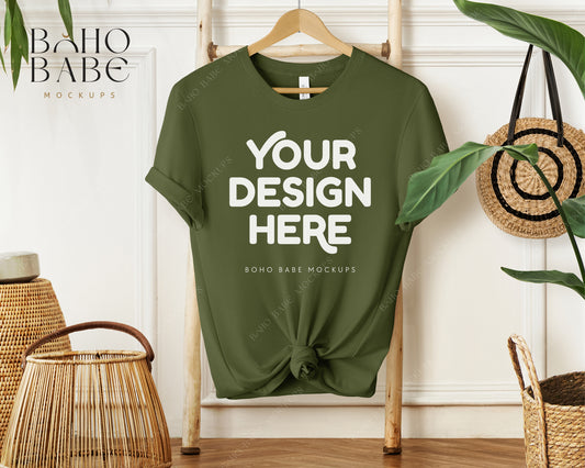 Bella Canvas 3001 OLIVE T-shirt Mockup | Boho Babe Hanging Mockup Design Vol.1