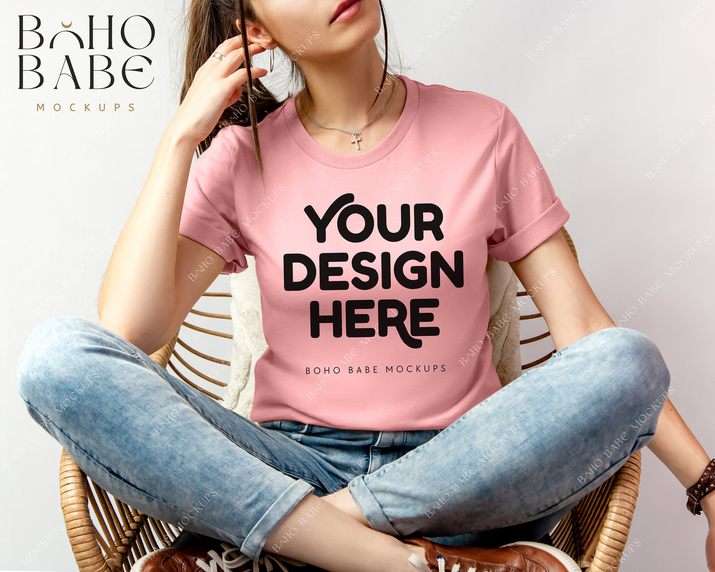 Bella Canvas 3001 PINK Female Model Mockup | Boho Babe Model Shirt Mockup Design Vol.2