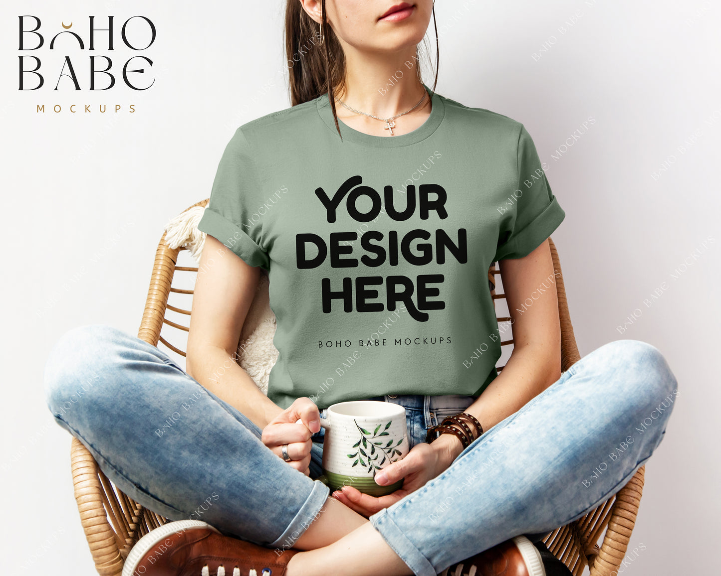 Bella Canvas 3001 Female Model Mockup Bundle | Boho Babe T-shirt Mockup Design - Vol.2