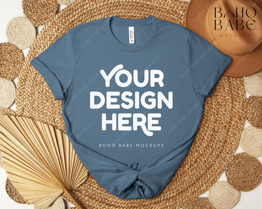 Bella Canvas 3001 STEEL BLUE T-shirt Mockup | Boho Design | Flatlay Vol.5