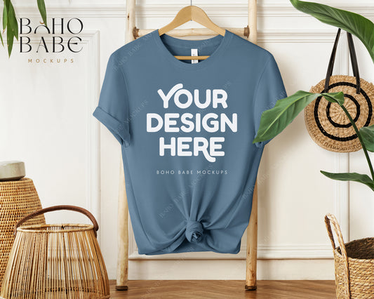 Bella Canvas 3001 STEEL BLUE T-shirt Mockup | Boho Babe Hanging Mockup Design Vol.1