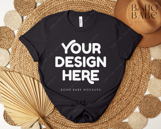 Bella Canvas 3001 VINTAGE BLACK T-shirt Mockup | Boho Design | Flatlay Vol.5