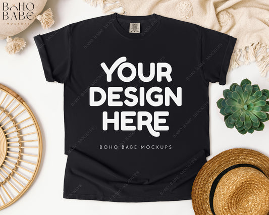 Comfort Colors 1717 BLACK T-shirt Mockup | Boho Babe Flatlay Mockup Design Vol.1