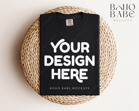 Comfort Colors 1717 BLACK T-shirt Mockup | Boho Babe Folded Mockup Design Vol.1