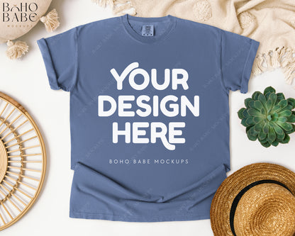 Comfort Colors 1717 BLUE JEAN T-shirt Mockup | Boho Babe Flatlay Mockup Design Vol.1