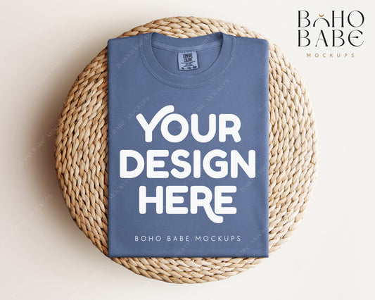 Comfort Colors 1717 BLUE JEAN T-shirt Mockup | Boho Babe Folded Mockup Design Vol.1