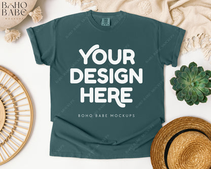 Comfort Colors 1717 BLUE SPRUCE T-shirt Mockup | Boho Babe Flatlay Mockup Design Vol.1