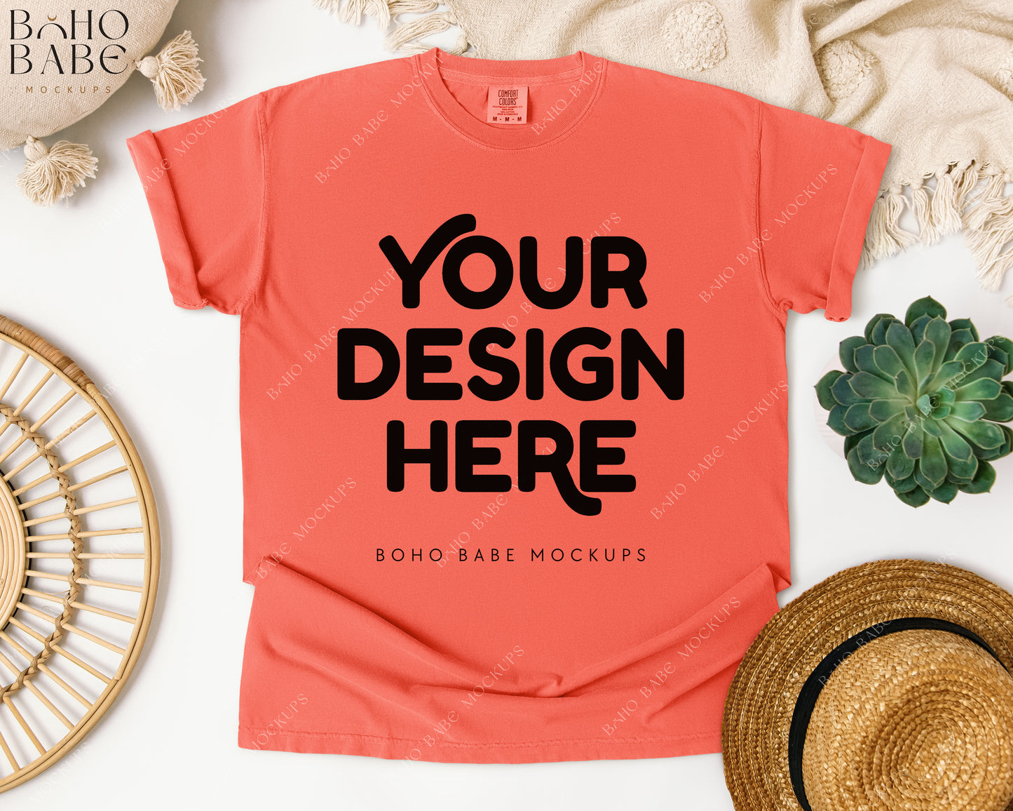 Comfort Colors 1717 BRIGHT SALMON T-shirt Mockup | Boho Babe Flatlay Mockup Design Vol.1