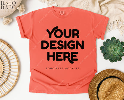 Comfort Colors 1717 BRIGHT SALMON T-shirt Mockup | Boho Babe Flatlay Mockup Design Vol.1