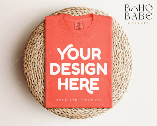 Comfort Colors 1717 BRIGHT SALMON T-shirt Mockup | Boho Babe Folded Mockup Design Vol.1