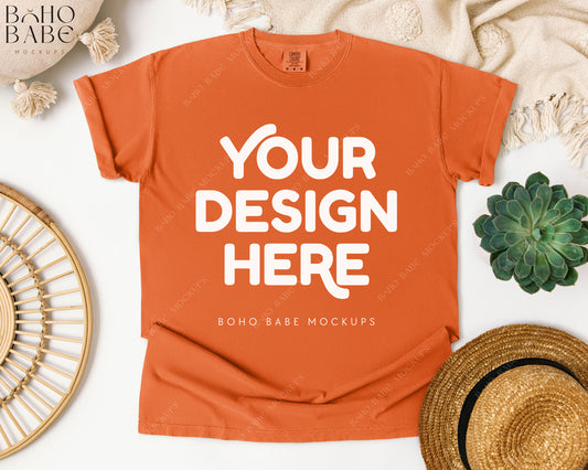 Comfort Colors 1717 BURNT ORANGE T-shirt Mockup | Boho Babe Flatlay Mockup Design Vol.1