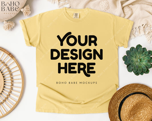 Comfort Colors 1717 BUTTER T-shirt Mockup | Boho Babe Flatlay Mockup Design Vol.1