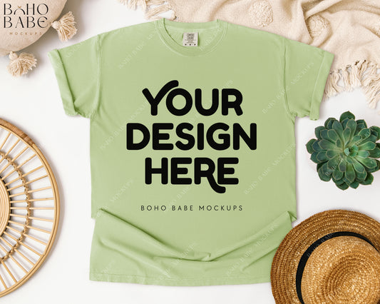 Comfort Colors 1717 CELADON T-shirt Mockup | Boho Babe Flatlay Mockup Design Vol.1