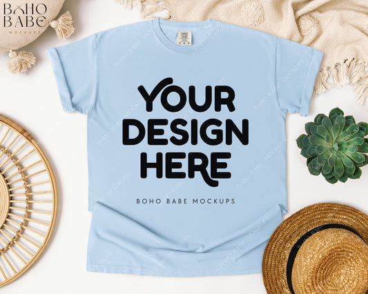 Comfort Colors 1717 CHAMBRAY T-shirt Mockup | Boho Babe Flatlay Mockup Design Vol.1