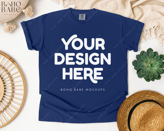 Comfort Colors 1717 CHINA BLUE T-shirt Mockup | Boho Babe Flatlay Mockup Design Vol.1