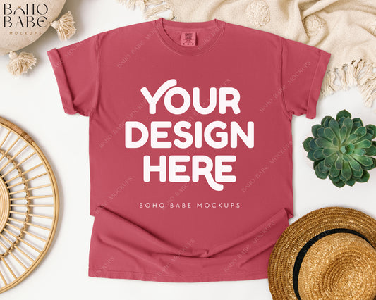 Comfort Colors 1717 CRIMSON T-shirt Mockup | Boho Babe Flatlay Mockup Design Vol.1