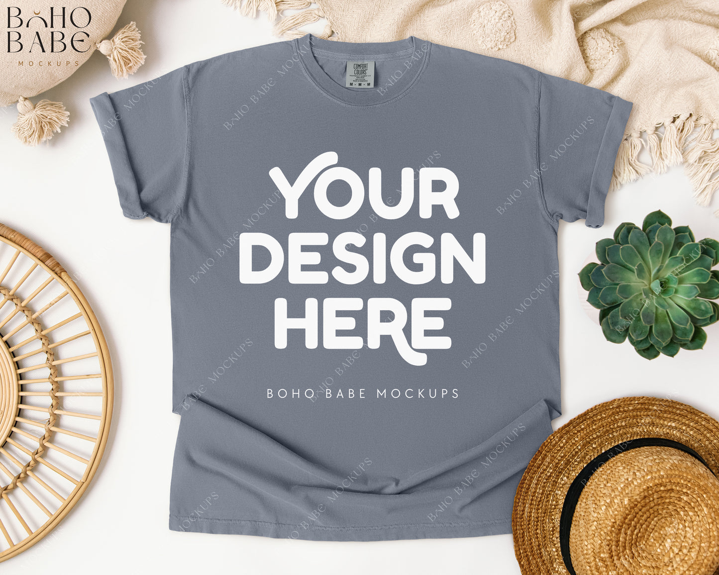 Comfort Colors 1717 GRANITE T-shirt Mockup | Boho Babe Flatlay Mockup Design Vol.1