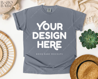 Comfort Colors 1717 GRANITE T-shirt Mockup | Boho Babe Flatlay Mockup Design Vol.1