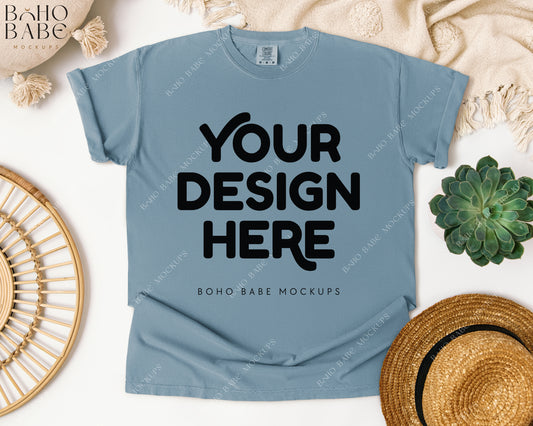 Comfort Colors 1717 ICE BLUE T-shirt Mockup | Boho Babe Flatlay Mockup Design Vol.1