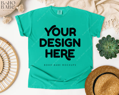 Comfort Colors 1717 ISLAND GREEN T-shirt Mockup | Boho Babe Flatlay Mockup Design Vol.1