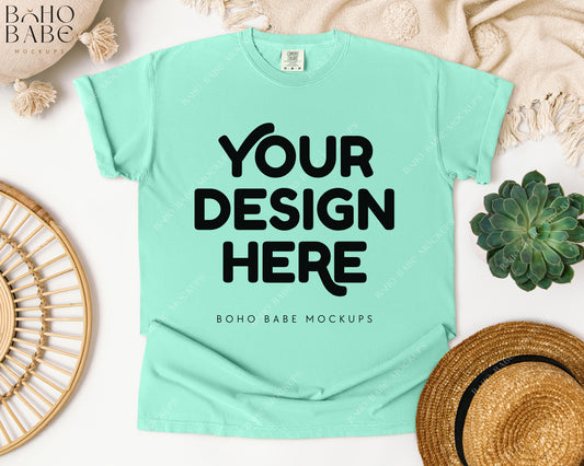 Comfort Colors 1717 ISLAND REEF T-shirt Mockup | Boho Babe Flatlay Mockup Design Vol.1