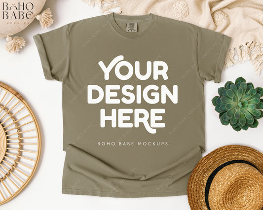 Comfort Colors 1717 KHAKI T-shirt Mockup | Boho Babe Flatlay Mockup Design Vol.1