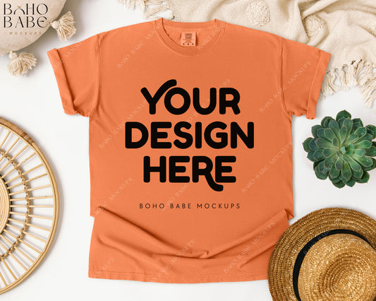 Comfort Colors 1717 MELON T-shirt Mockup | Boho Babe Flatlay Mockup Design Vol.1