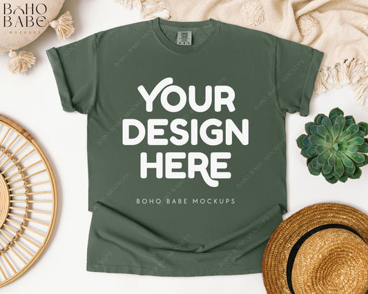 Comfort Colors 1717 MOSS T-shirt Mockup | Boho Babe Flatlay Mockup Design Vol.1