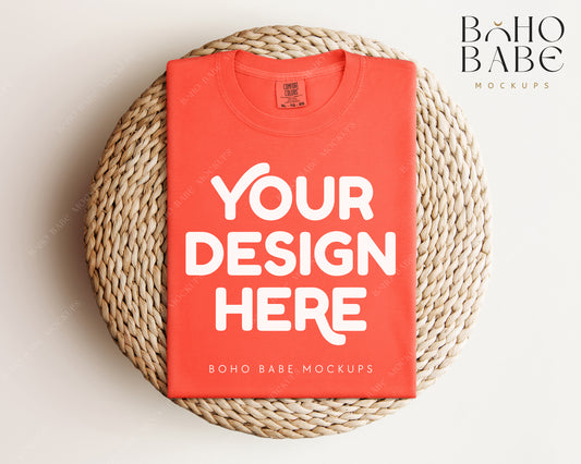 Comfort Colors 1717 NEON RED ORANGE T-shirt Mockup | Boho Babe Folded Mockup Design Vol.1