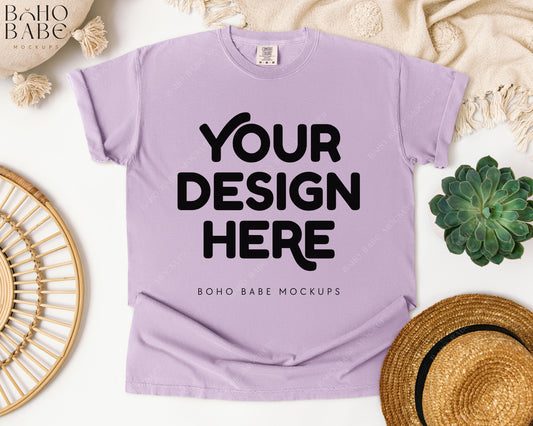 Comfort Colors 1717 ORCHID T-shirt Mockup | Boho Babe Flatlay Mockup Design Vol.1