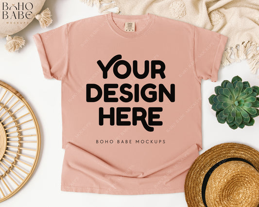 Comfort Colors 1717 PEACHY T-shirt Mockup | Boho Babe Flatlay Mockup Design Vol.1